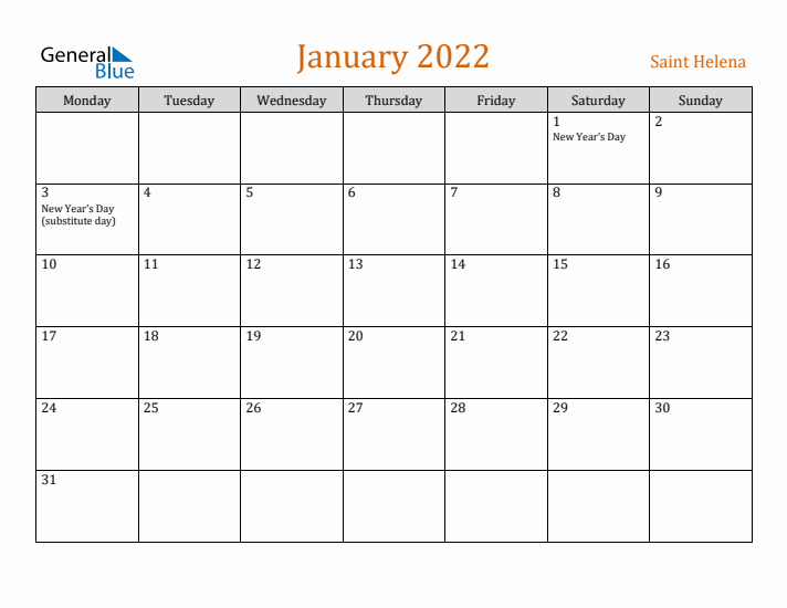 January 2022 Holiday Calendar with Monday Start