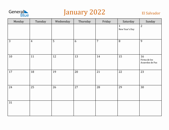 January 2022 Holiday Calendar with Monday Start