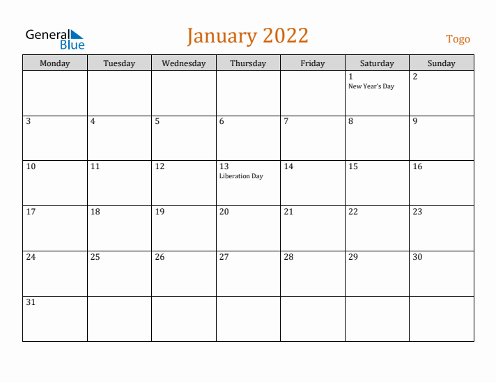 January 2022 Holiday Calendar with Monday Start