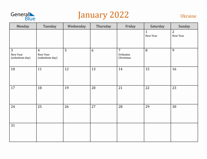 January 2022 Holiday Calendar with Monday Start