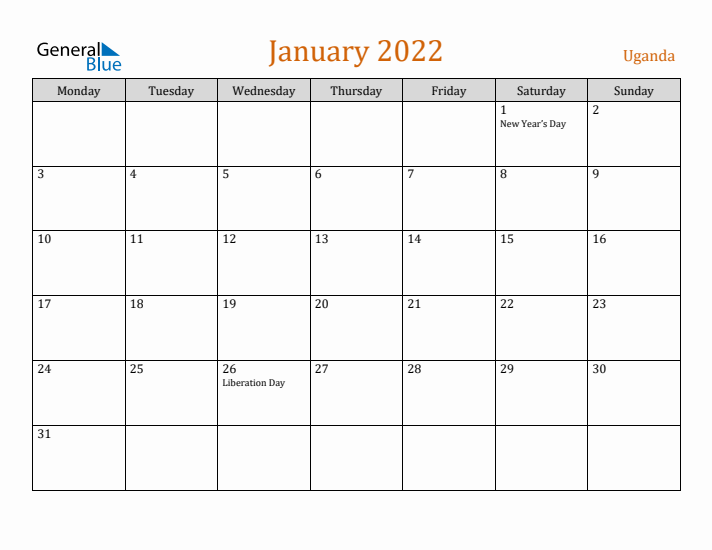 January 2022 Holiday Calendar with Monday Start