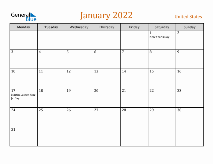 January 2022 Holiday Calendar with Monday Start