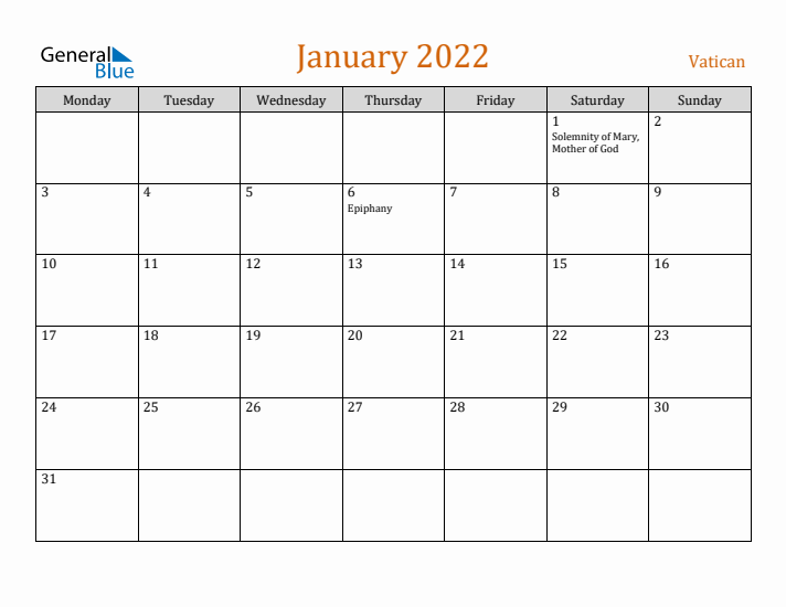 January 2022 Holiday Calendar with Monday Start