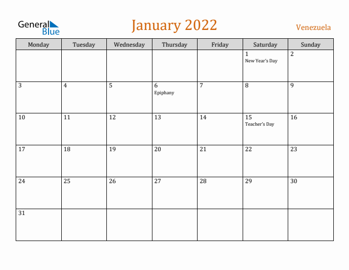 January 2022 Holiday Calendar with Monday Start