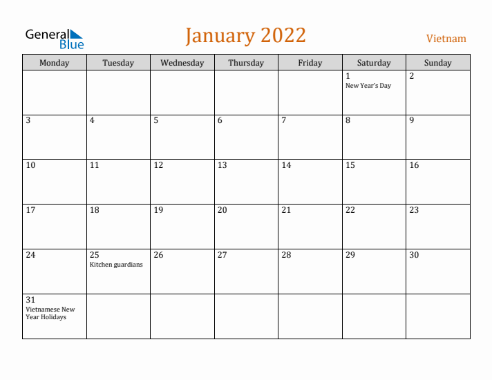 January 2022 Holiday Calendar with Monday Start