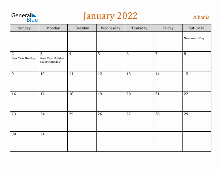 January 2022 Holiday Calendar with Sunday Start