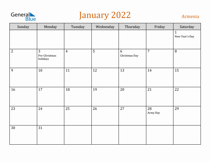 January 2022 Holiday Calendar with Sunday Start