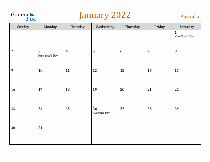 January 2022 Holiday Calendar with Sunday Start