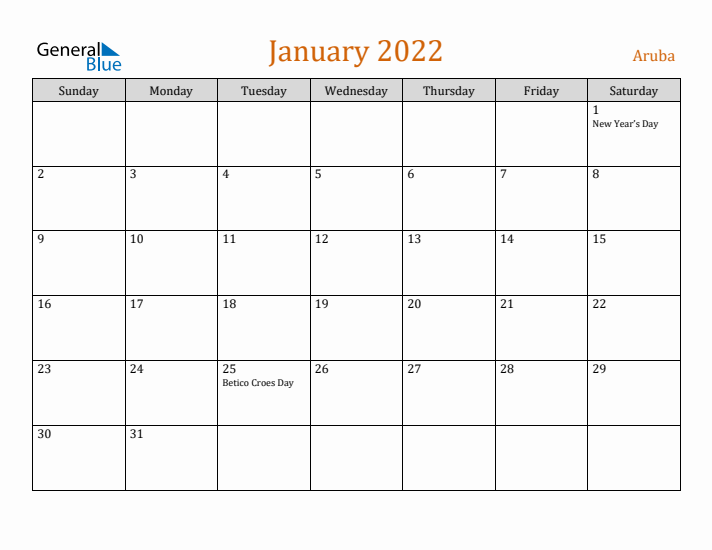 January 2022 Holiday Calendar with Sunday Start