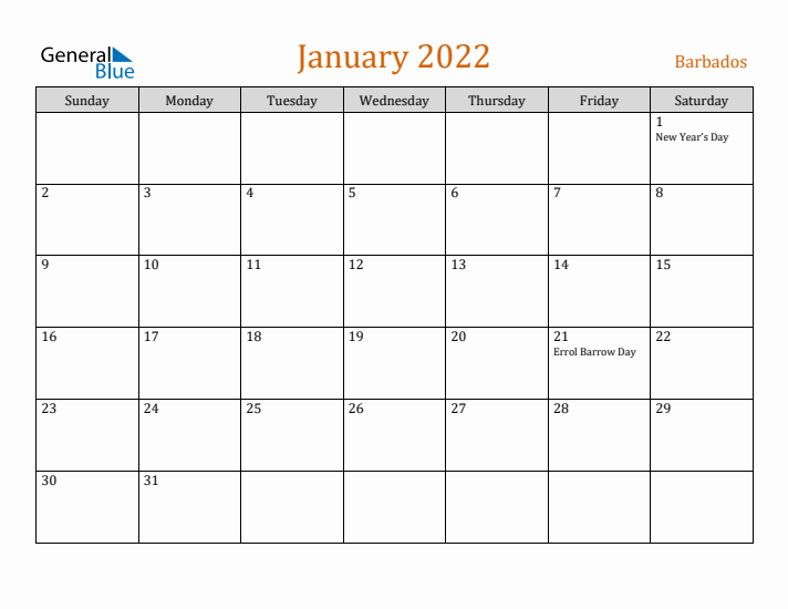 January 2022 Holiday Calendar with Sunday Start