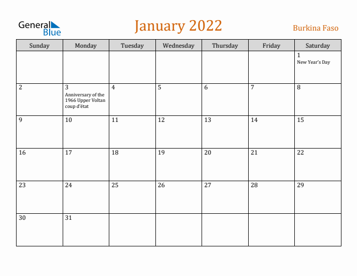 January 2022 Holiday Calendar with Sunday Start