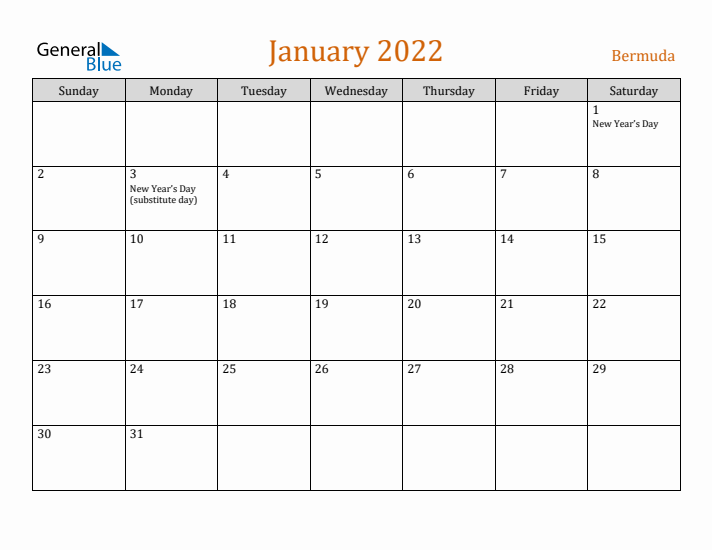 January 2022 Holiday Calendar with Sunday Start