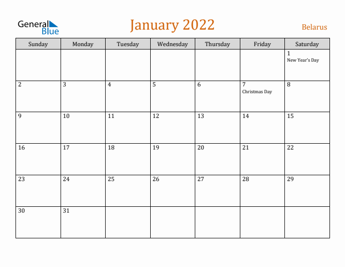 January 2022 Holiday Calendar with Sunday Start