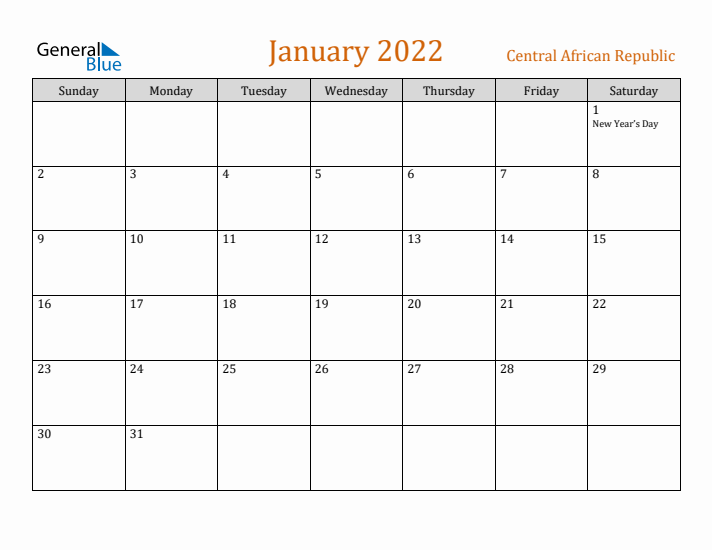 January 2022 Holiday Calendar with Sunday Start