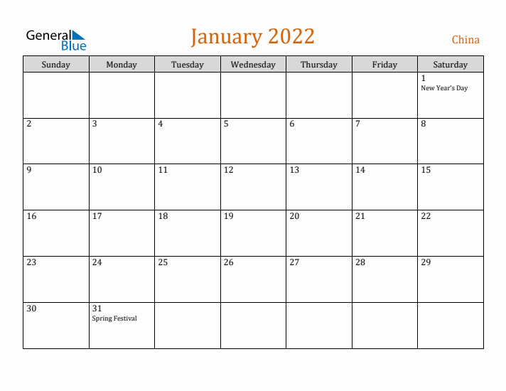 January 2022 Holiday Calendar with Sunday Start