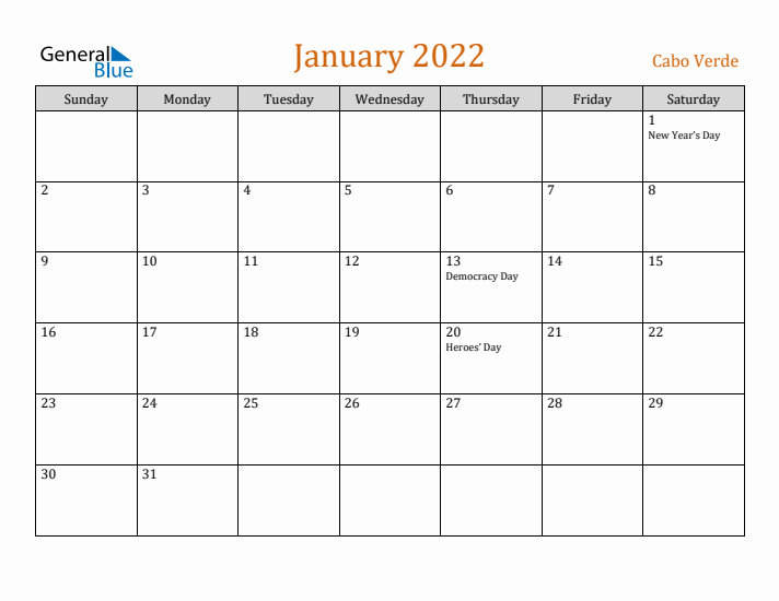 January 2022 Holiday Calendar with Sunday Start