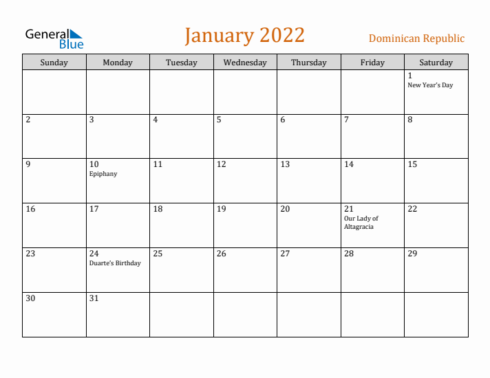 January 2022 Holiday Calendar with Sunday Start