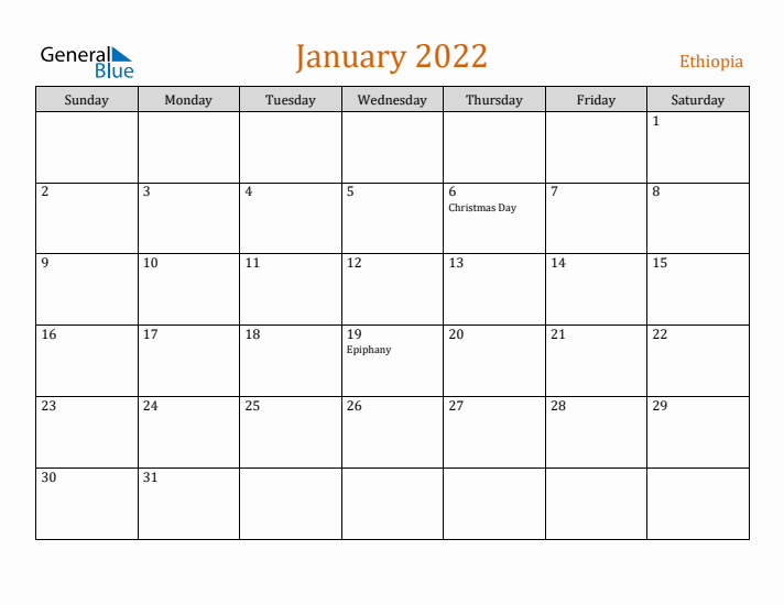 January 2022 Holiday Calendar with Sunday Start