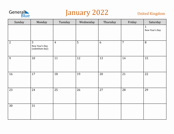 January 2022 Holiday Calendar with Sunday Start