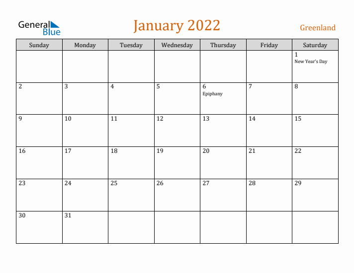 January 2022 Holiday Calendar with Sunday Start