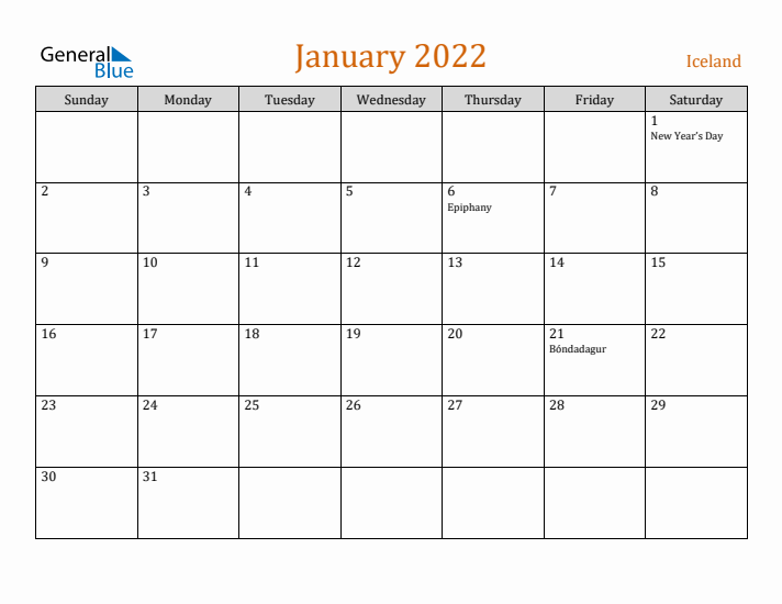 January 2022 Holiday Calendar with Sunday Start