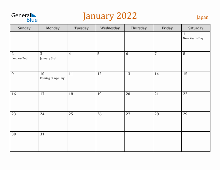 January 2022 Holiday Calendar with Sunday Start