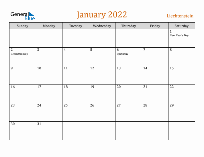 January 2022 Holiday Calendar with Sunday Start