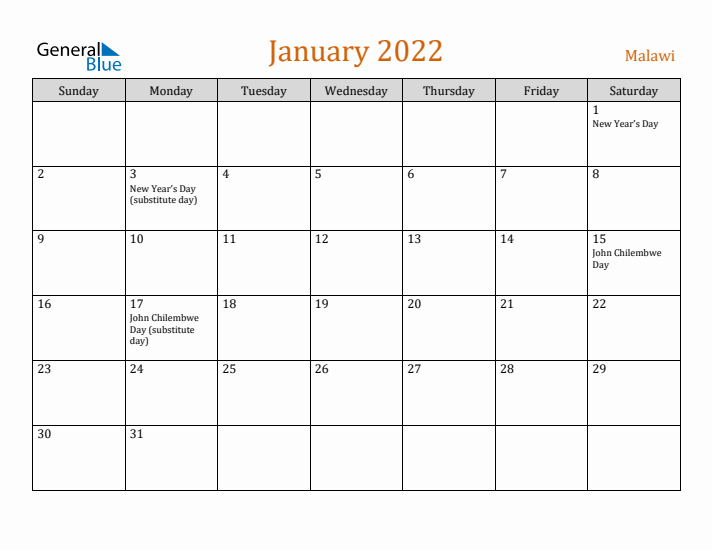 January 2022 Holiday Calendar with Sunday Start