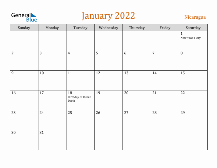 January 2022 Holiday Calendar with Sunday Start