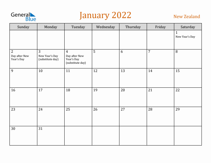 January 2022 Holiday Calendar with Sunday Start