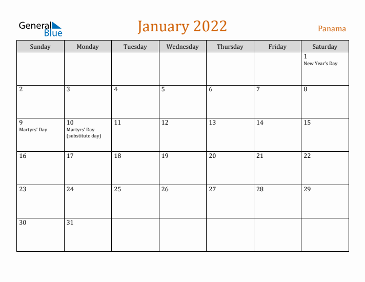 January 2022 Holiday Calendar with Sunday Start