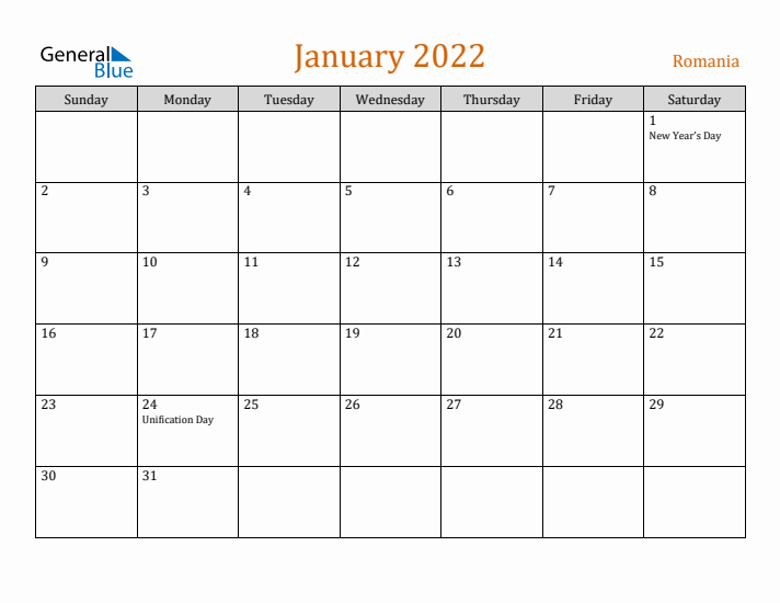 January 2022 Holiday Calendar with Sunday Start