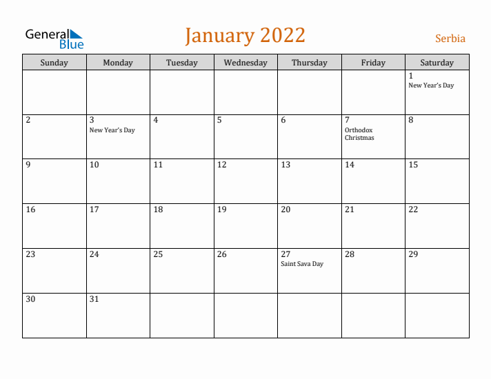 January 2022 Holiday Calendar with Sunday Start