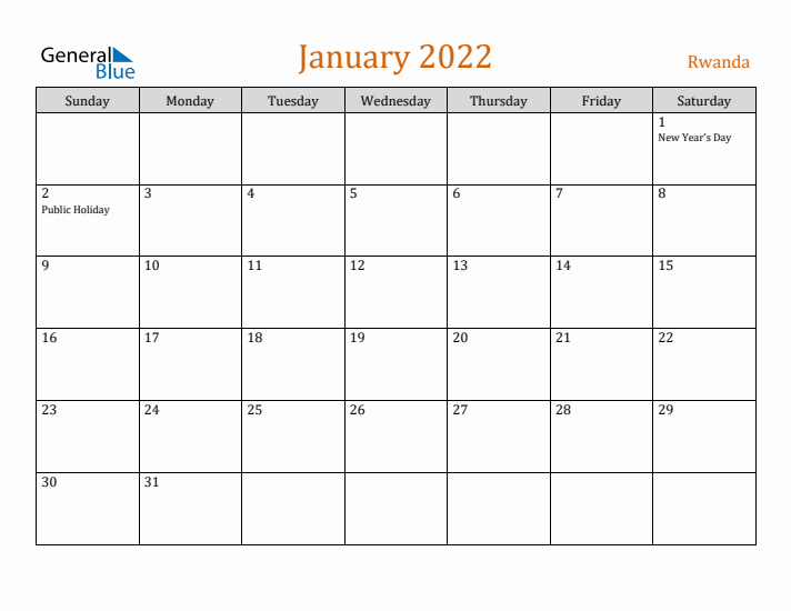 January 2022 Holiday Calendar with Sunday Start