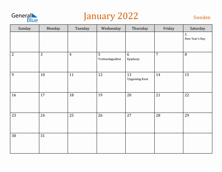 January 2022 Holiday Calendar with Sunday Start