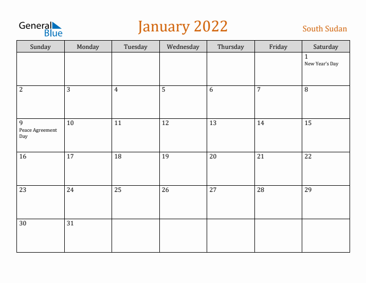 January 2022 Holiday Calendar with Sunday Start