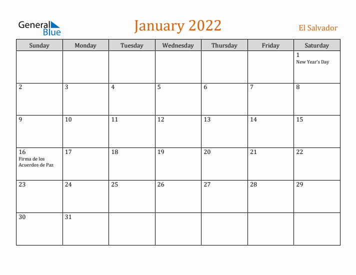 January 2022 Holiday Calendar with Sunday Start