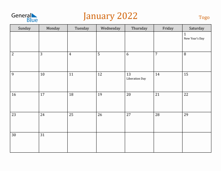 January 2022 Holiday Calendar with Sunday Start