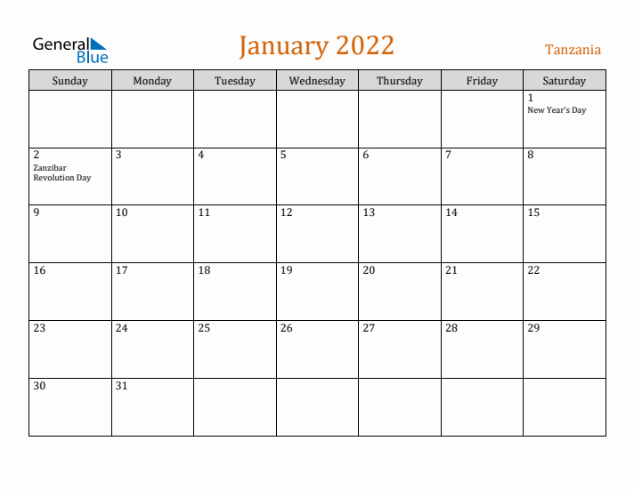 January 2022 Holiday Calendar with Sunday Start