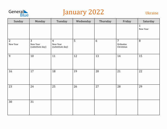 January 2022 Holiday Calendar with Sunday Start