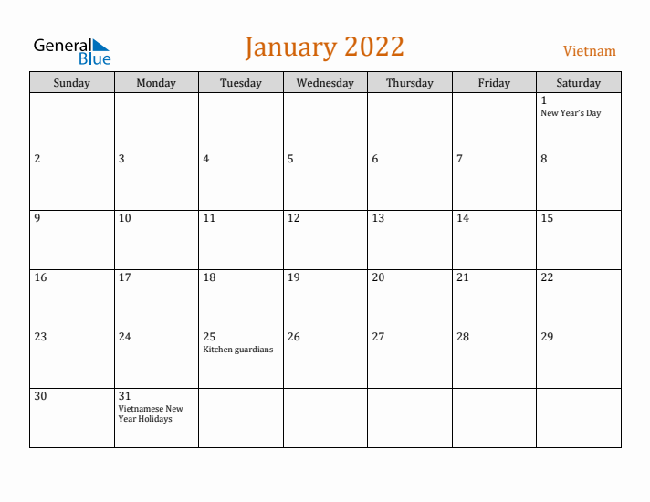 January 2022 Holiday Calendar with Sunday Start