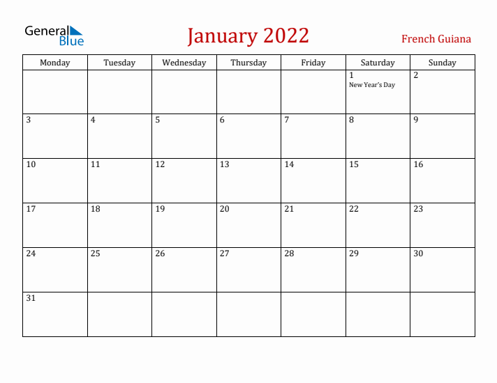 French Guiana January 2022 Calendar - Monday Start