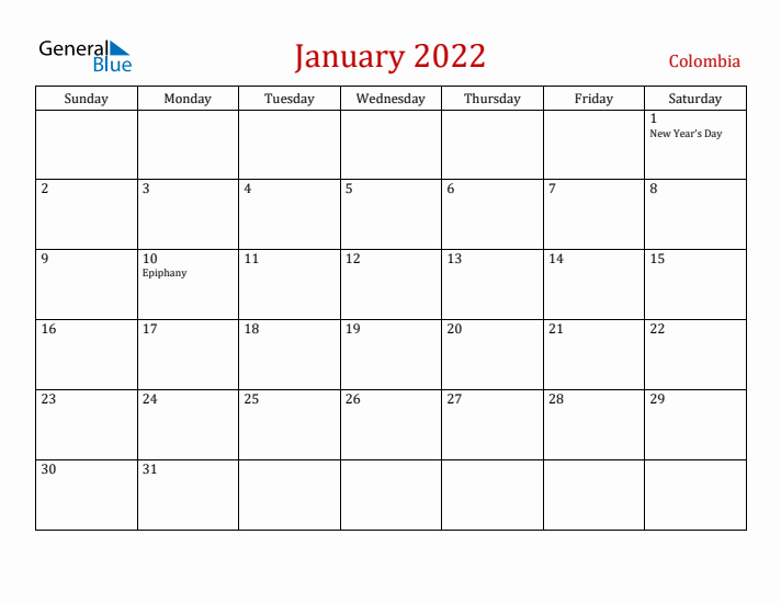 Colombia January 2022 Calendar - Sunday Start