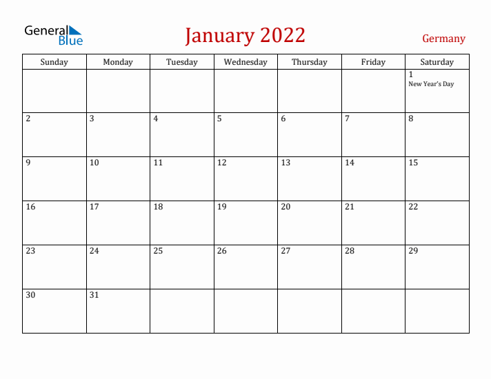 Germany January 2022 Calendar - Sunday Start