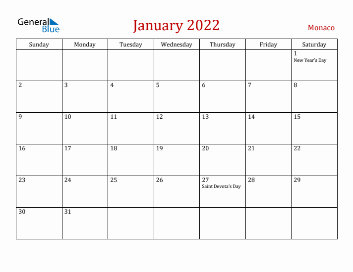 Monaco January 2022 Calendar - Sunday Start