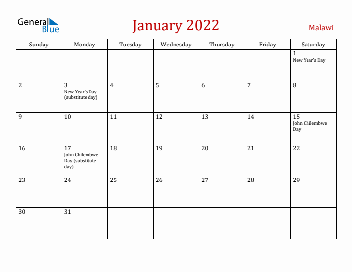 Malawi January 2022 Calendar - Sunday Start