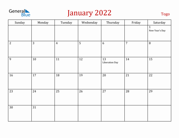 Togo January 2022 Calendar - Sunday Start