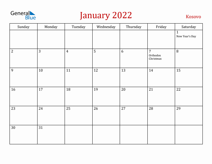 Kosovo January 2022 Calendar - Sunday Start