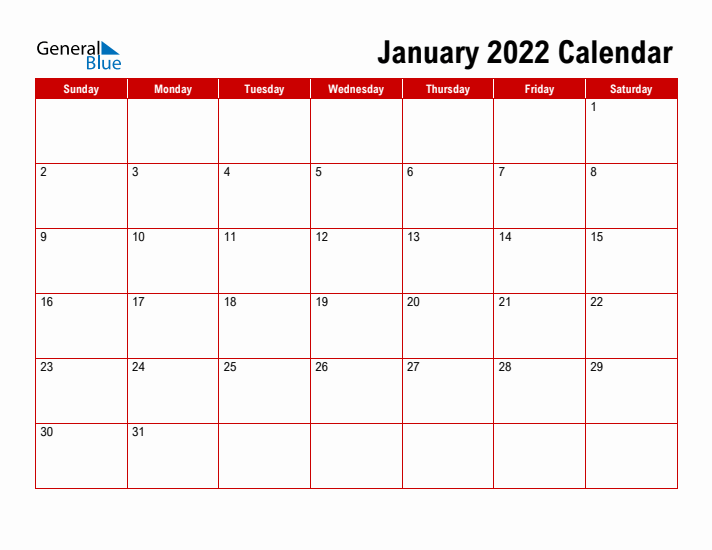 Simple Monthly Calendar - January 2022