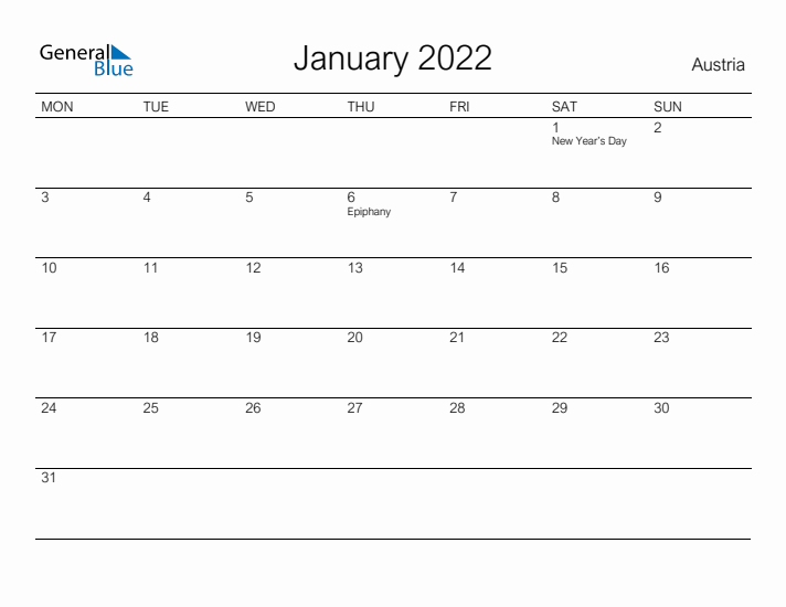 Printable January 2022 Calendar for Austria